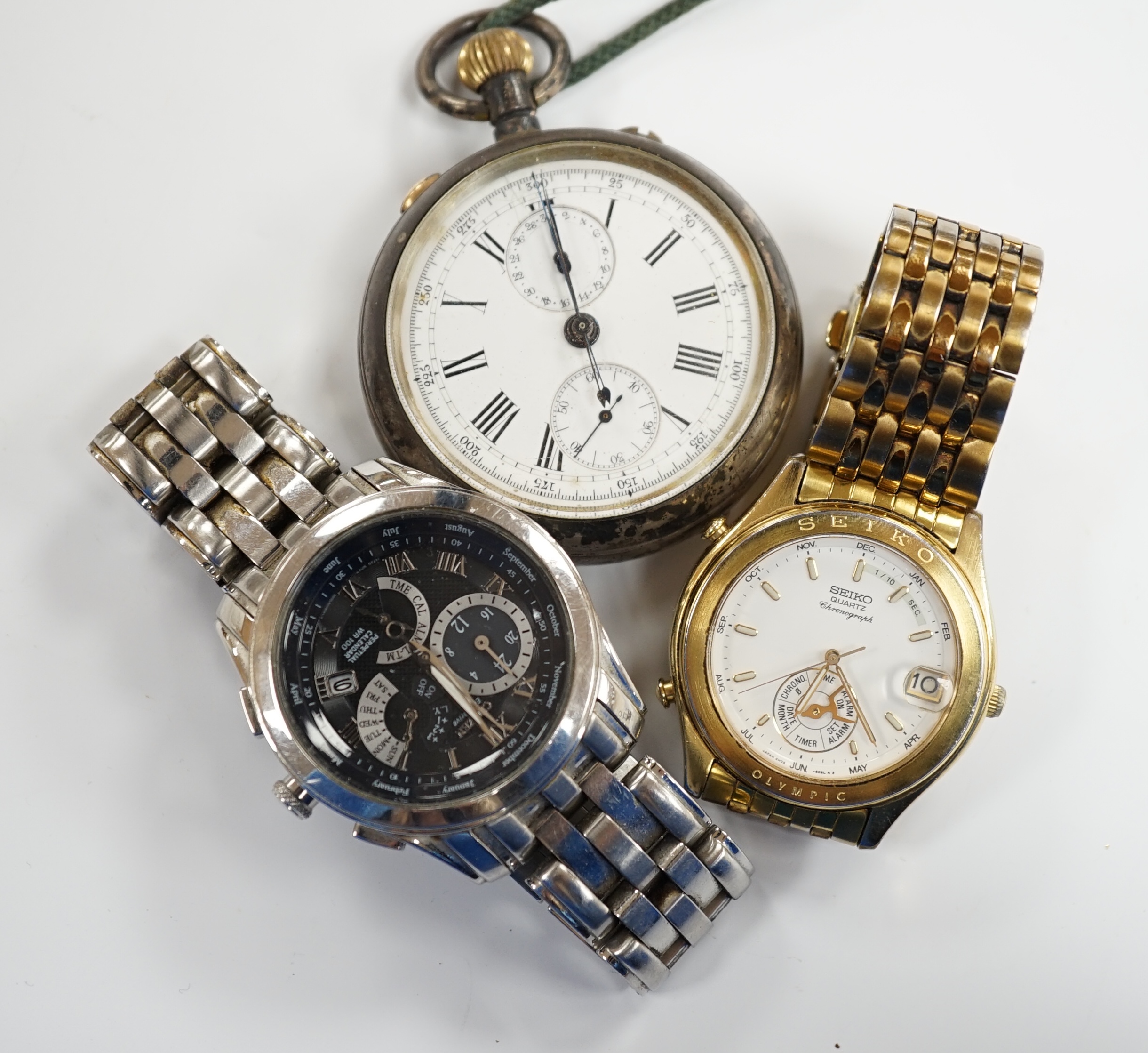 A 19th century Swiss 935 white metal open face keyless chronometer pocket watch, together with a gentleman's modern Seiko and Citizen wrist watches.